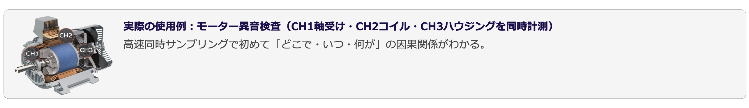 実際の使用例：モーター異音検査（CH1軸受け・CH2コイル・CH3ハウジングを同時計測）
高速同時サンプリングで初めて「どこで・いつ・何が」の因果関係がわかる。
